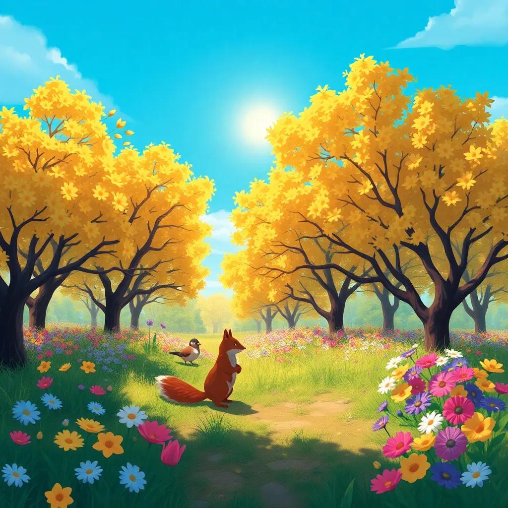 Era primavera en el bosque, con árboles llenos de flores de colores brillantes, un sol radiante brillando en el cielo azul, la ardilla, el conejo y el pájaro se reúnen en un claro, estilo alegre, ilustración colorida, luz suave y cálida, perspectiva centrada, calidad infantil, vívida y encantadora.