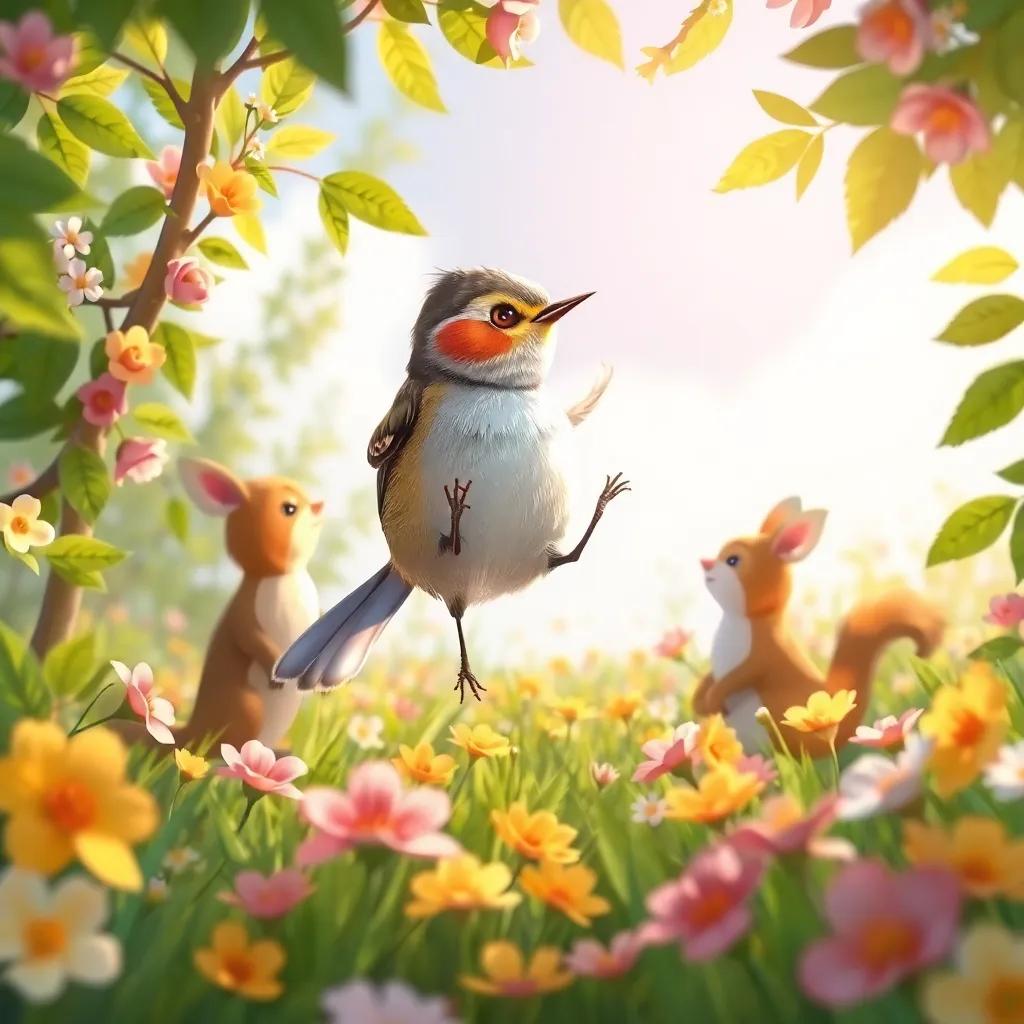 La ardilla saltando entre ramas verdes y floreadas, con nueces en sus patas, el conejo a su lado mirando las flores que recoge, un hermoso campo de flores a su alrededor, ilustración alegre, llenos de colores vivos, cálida luz del sol, perspectiva desde abajo, calidad encantadora, ilustración infantil.