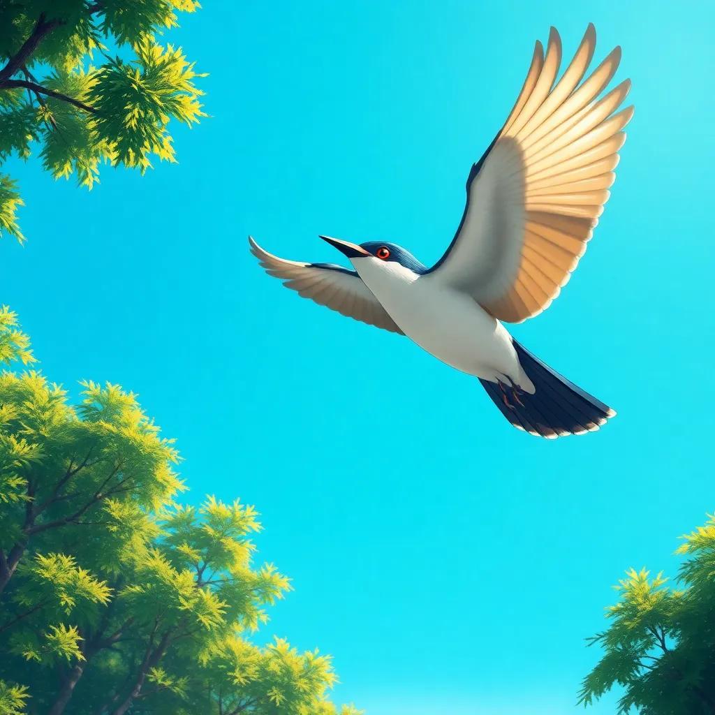 El pájaro volando alto en el cielo azul claro, sonriendo mientras busca un lugar para su nido, viendo el bosque vibrante desde lo alto, ilustración brillante, luz suave, colores vivos, perspectiva amplia, calidad amigable, estilo alegre.