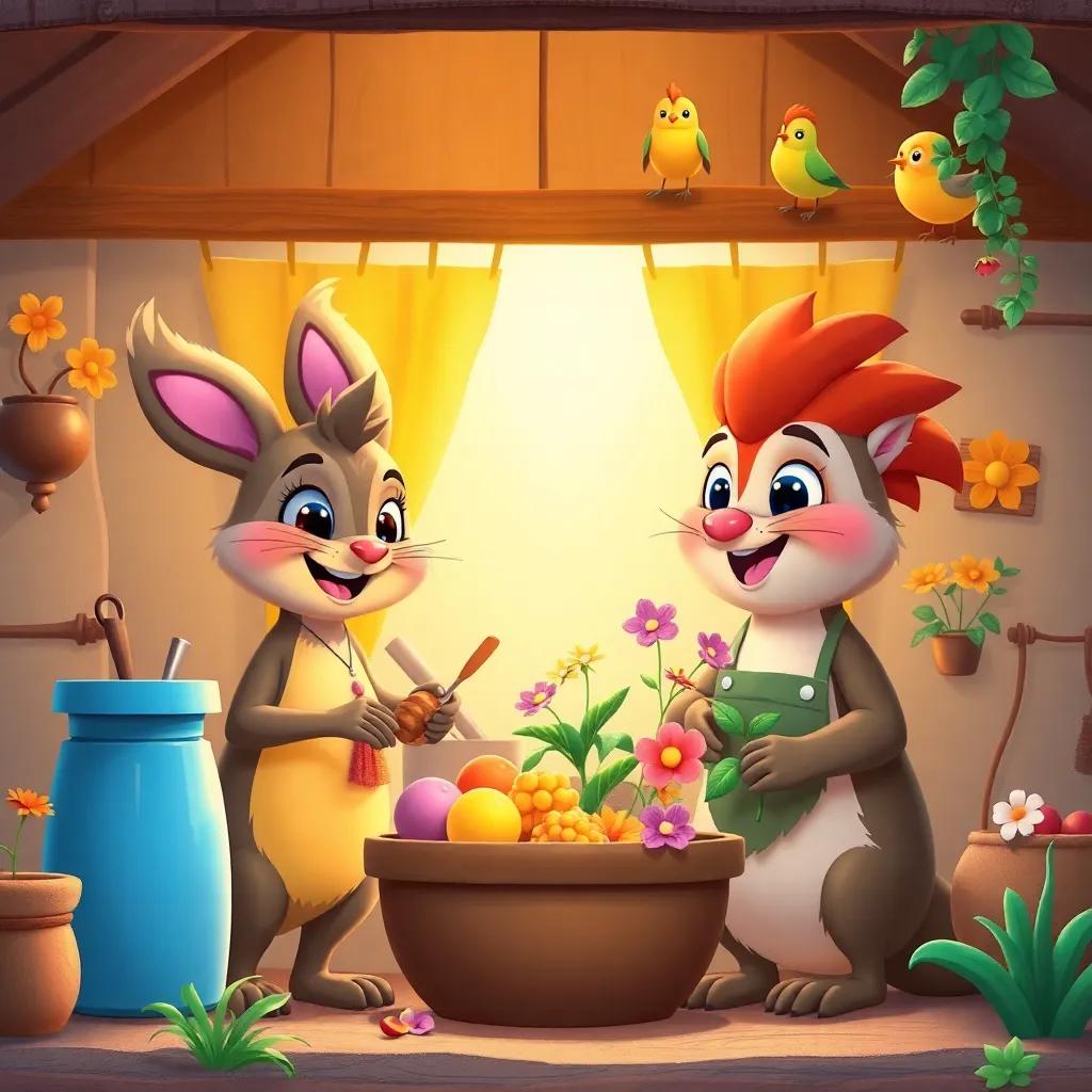Los tres amigos trabajan juntos en su hogar, con la ardilla colocando nueces, el conejo decorando con flores, y el pájaro vigilando desde arriba, lleno de risas y alegría, colorido y cálido, ilustración infantil, perspectiva familiar, luz brillante y alegre, calidad vibrante.
