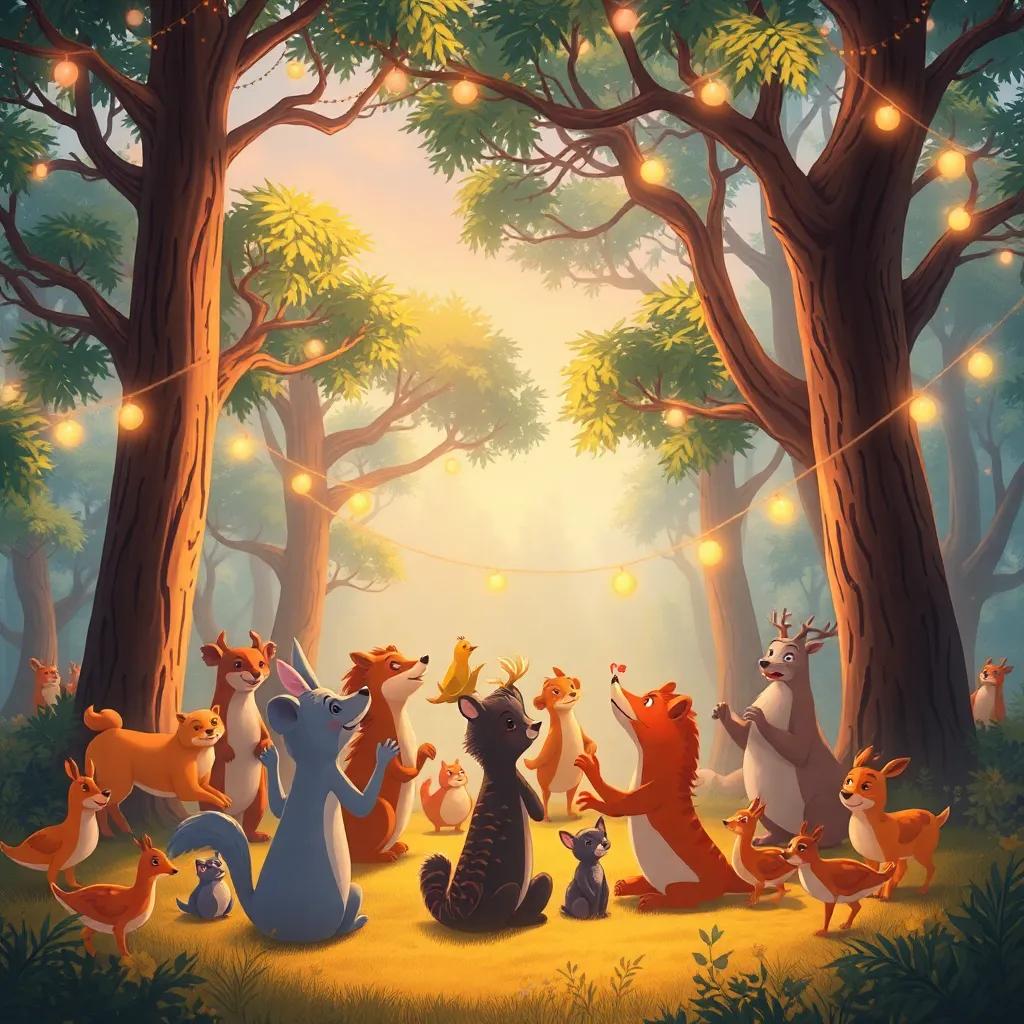 Un gran festín en el bosque, animales de diferentes especies se unieron para celebrar, árboles bailan en la brisa suave, todos compartiendo su buena fortuna, ilustración alegre, colores cálidos y brillantes, luz del atardecer, foco en los animales sonriendo, calidad encantadora, estilo mágico.