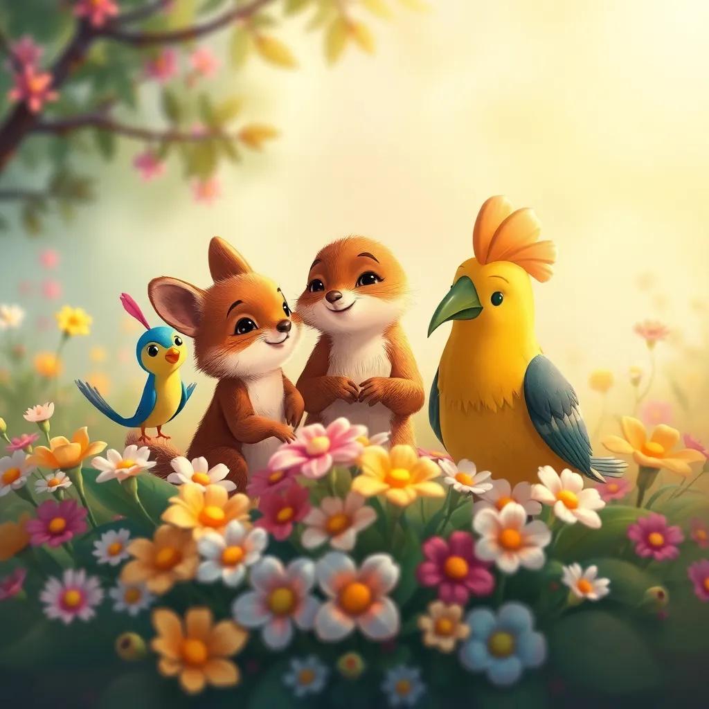 Sammy el conejito invita a sus amigos, Lola la ardilla y Tito el pato. Ellos se reúnen en un círculo de flores, mencionando sus ideas, illustration, warm tones, inviting scene, high quality