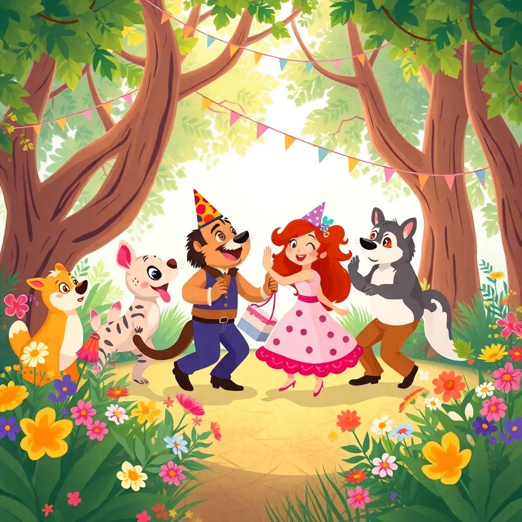Los amigos celebran en un claro del bosque con un baile alegre, rodeados de flores y otros animales. La fiesta es colorida y llena de música, illustration, cheerful colors, lively scene, high quality