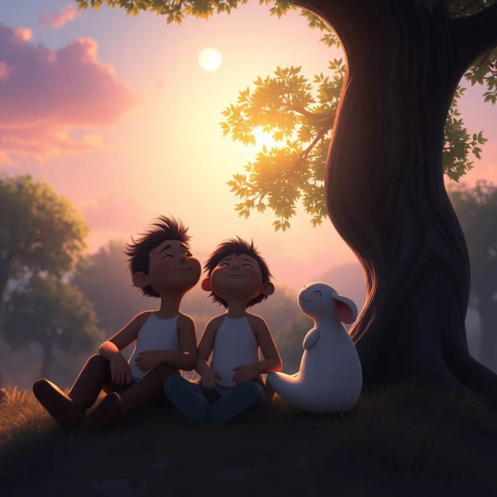 Al final del día, los amigos se sientan bajo un árbol, miran el cielo y sonríen. La atmósfera es mágica y tranquila, digital art, soft colors, peaceful ambiance, high quality