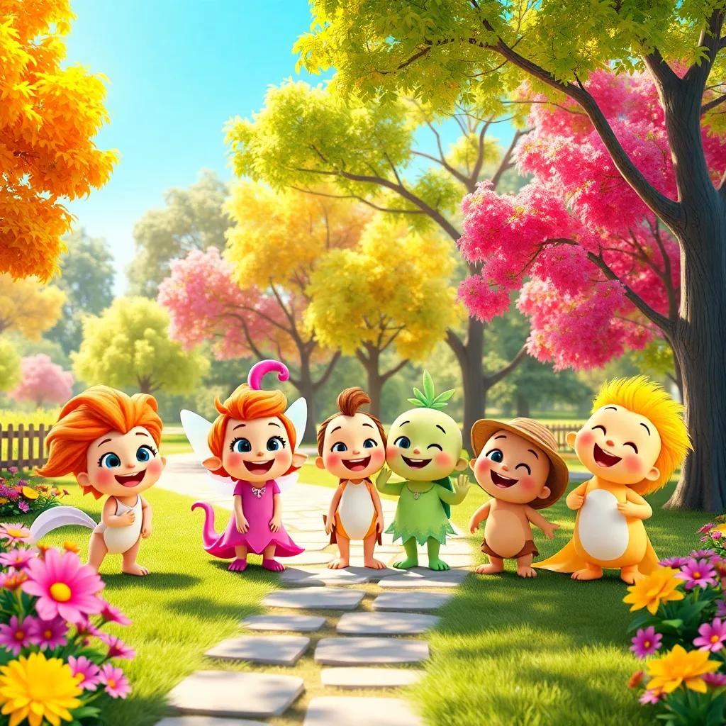 A bright sunny park scene featuring seven magical friends, Lunes, Martes, Miércoles, Jueves, Viernes, Sábado, and Domingo, all smiling and happy, colorful trees and flowers around, bright digital art, cheerful atmosphere, vibrant colors, child-friendly, engaging scenery