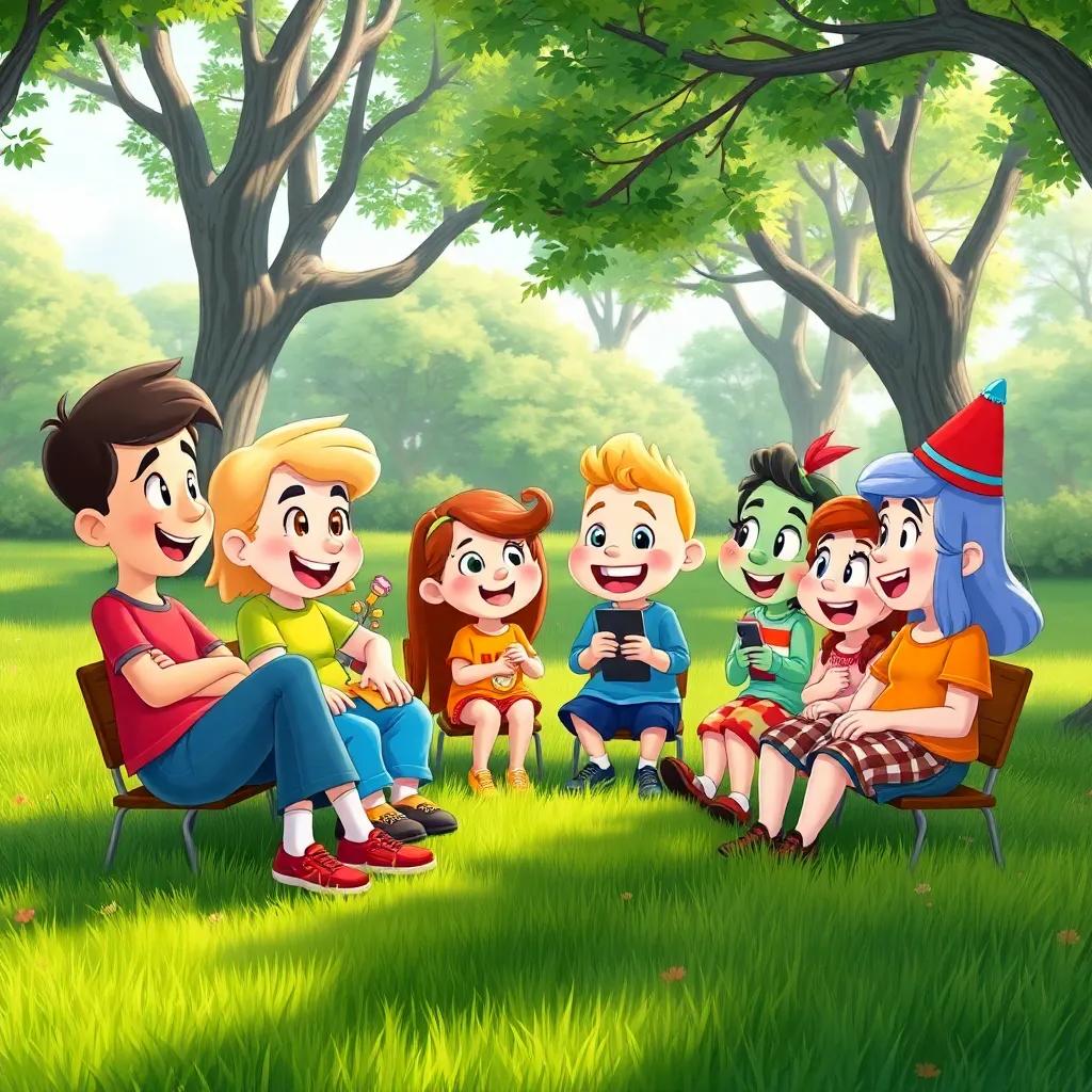 A colorful gathering of the seven days of the week in a park, Lunes, Martes, Miércoles, Jueves, Viernes, Sábado and Domingo chatting and sharing activities, playful expressions, lush green grass, detailed illustration, lively, joyful setting, child-friendly