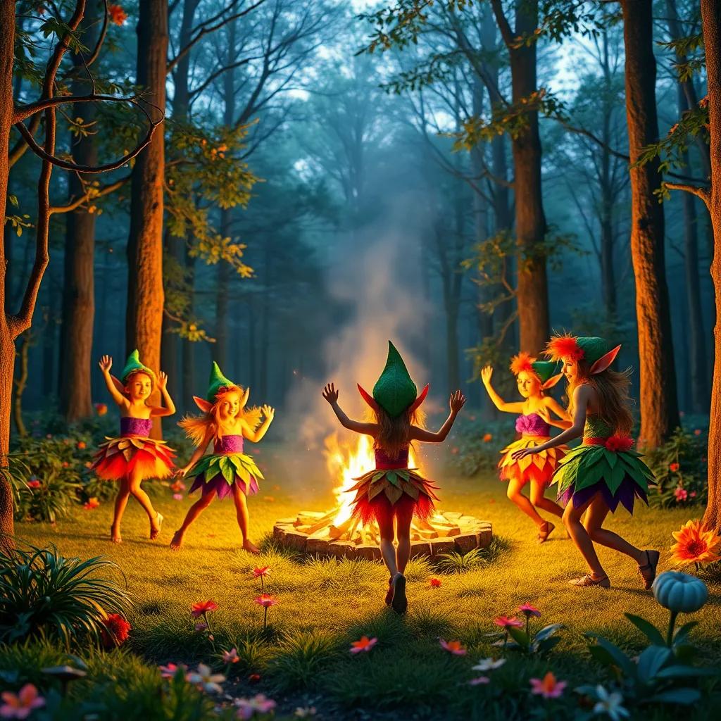 A magical forest with colorful, dancing elves wearing leaf and flower outfits, illuminated by a large bonfire, vibrant colors, cheerful atmosphere, high quality