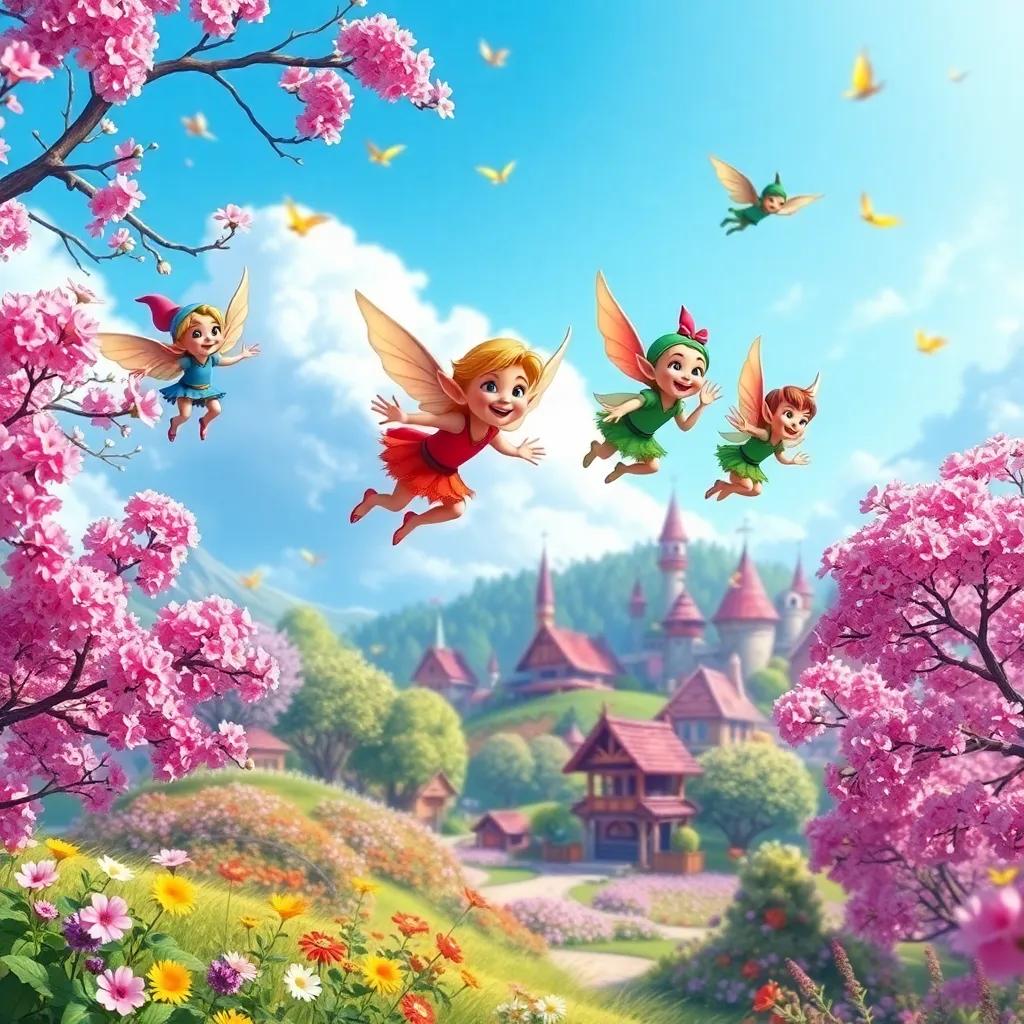 A colorful group of elves flying over a bright spring village with flowers and trees, digital art, vibrant colors, joyful atmosphere, high quality