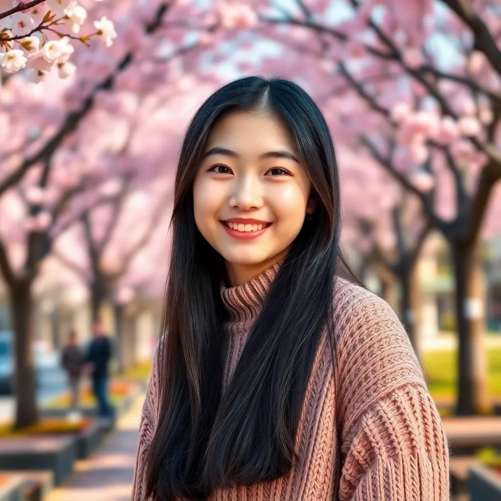 A young Asian girl, Han Ji-eun, 19 years old, with long black hair wearing a cozy sweater, smiling in a university campus during the spring, surrounded by blooming cherry blossom trees, digital art, colorful, bright and cheerful atmosphere, warm light, high quality