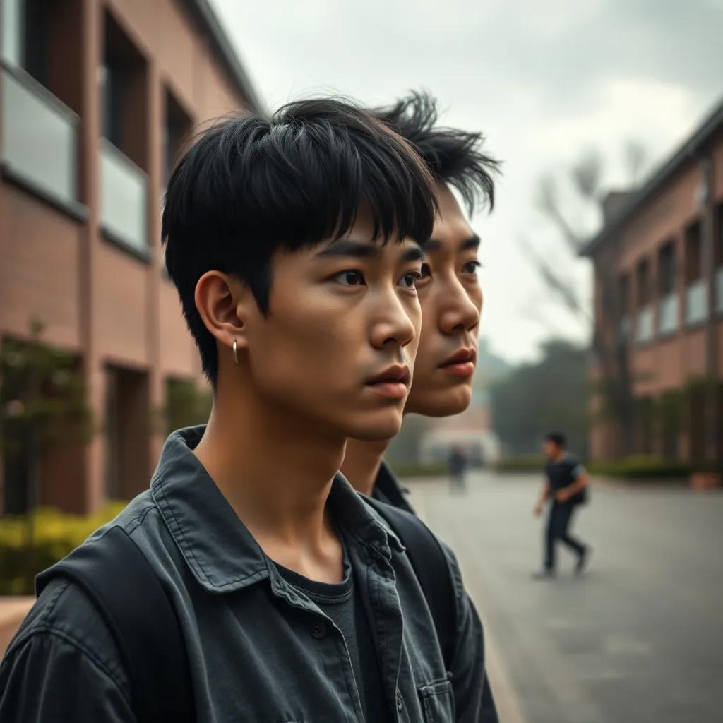 A serious young Asian man, Kang Min-ho, 21 years old, with short black hair wearing a casual shirt, standing protectively while looking at Ji-eun with a serious expression at a university courtyard, digital art, moody lighting, sharp focus, high quality