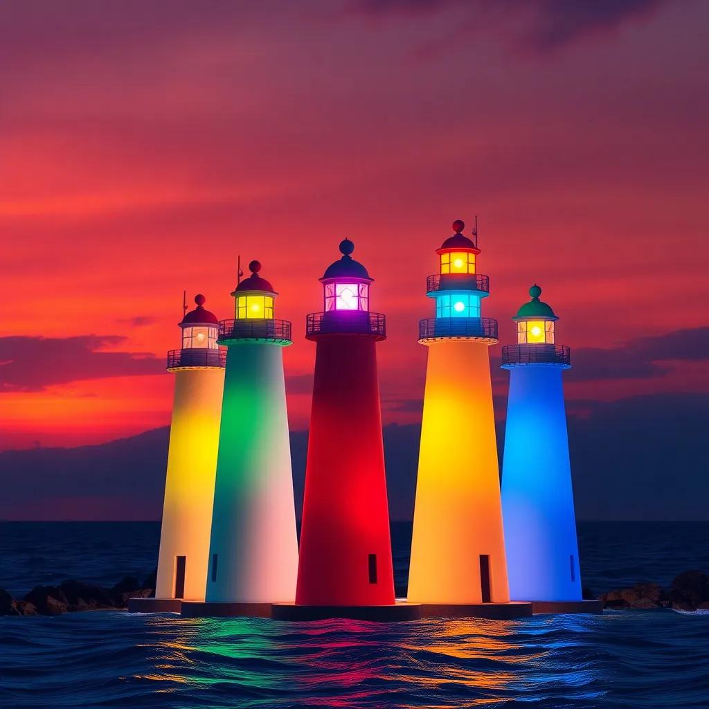 A group of colorful lighthouses standing tall by the ocean during sunset, with each lighthouse emitting a different colored light, digital art, warm colors, inviting atmosphere, high quality