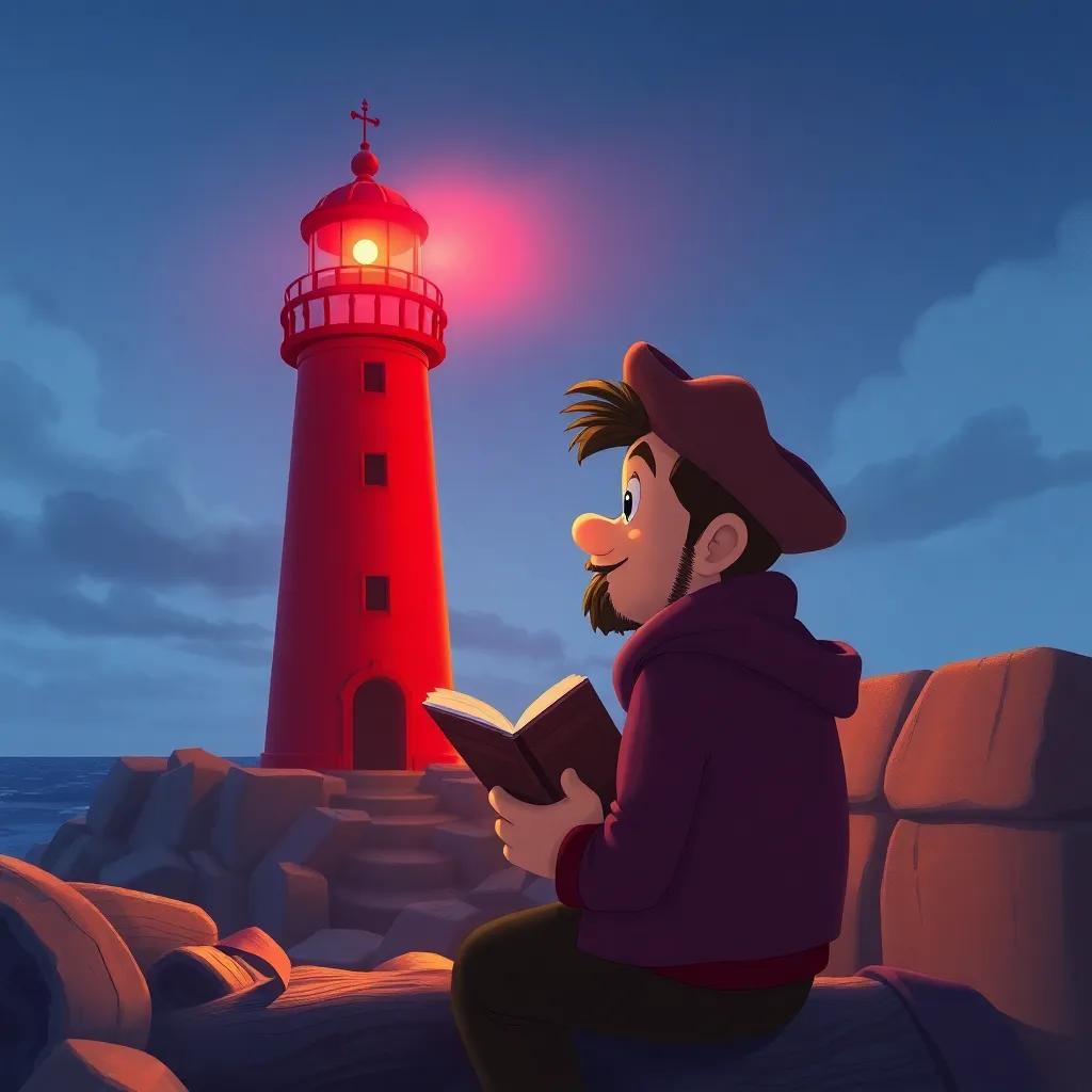 A brave sailor listening to the red lighthouse sharing stories, the bright red light glowing as it guides lost ships home, illustration, warm light, cozy scene, high quality