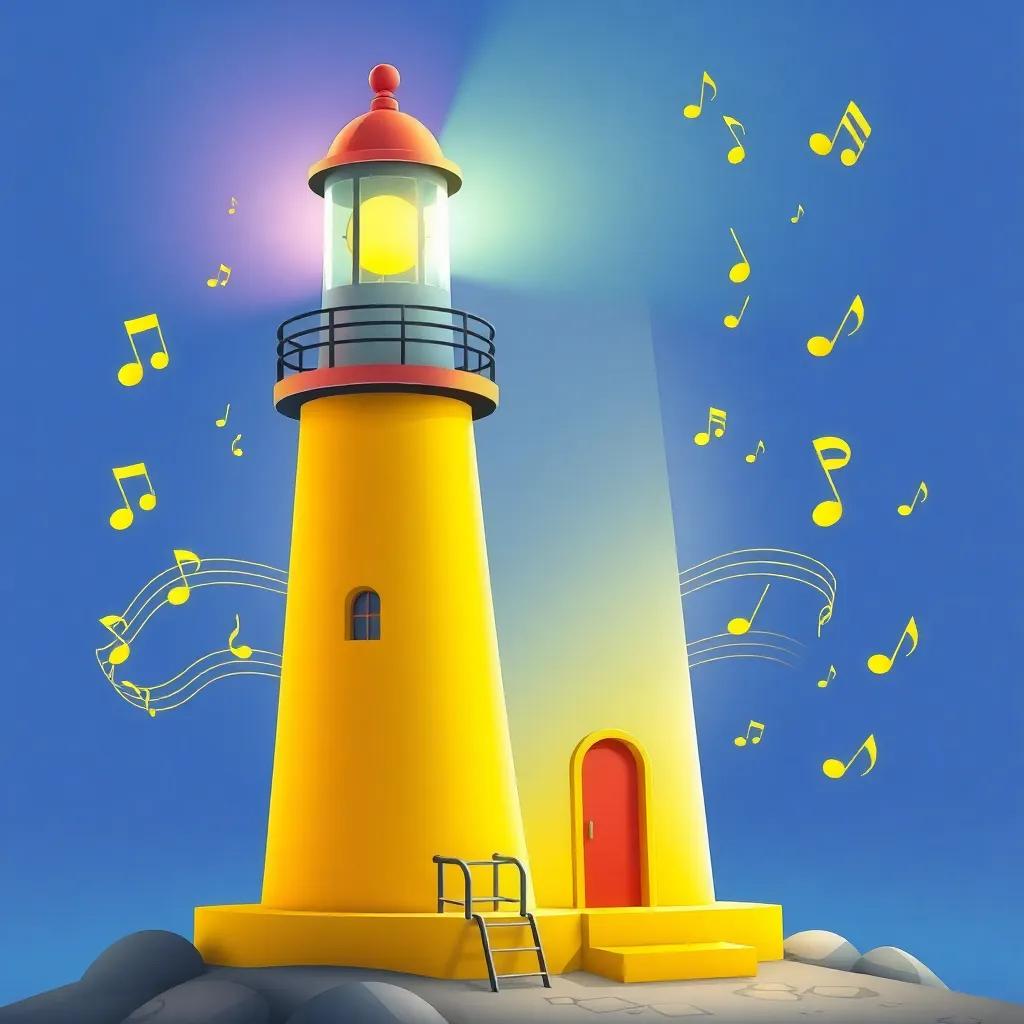 The joyful yellow lighthouse with musical notes around it, shining brightly as it invites sailors to sing, cheerful scene, vibrant colors, playful atmosphere, high quality