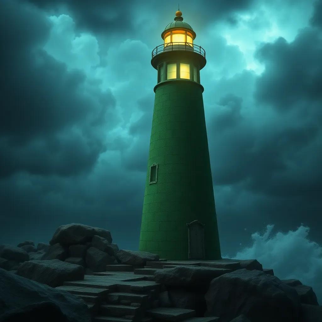 The ancient green lighthouse, telling stories to amazed ships, its light shining bright against the stormy night, digital art, dramatic lighting, mood of history, high quality