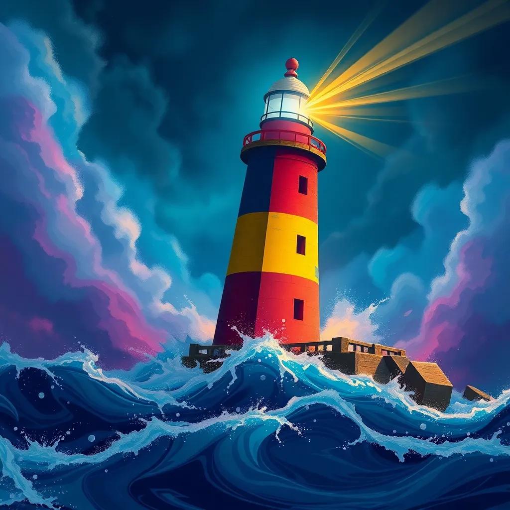 A strong lighthouse with all colors combined battling a storm, shining bright and guiding the ships to safety, intense scene with waves and wind, digital art, vibrant colors, epic perspective, high quality