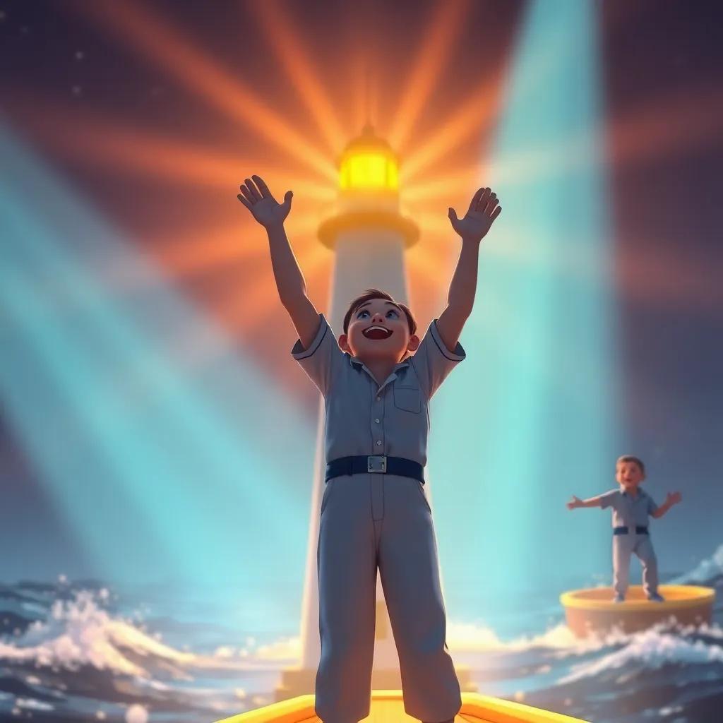 Happy sailors cheering as they return home guided by lighthouse beams, with each colored light shining in the background, joyful atmosphere, bright and colorful, high quality