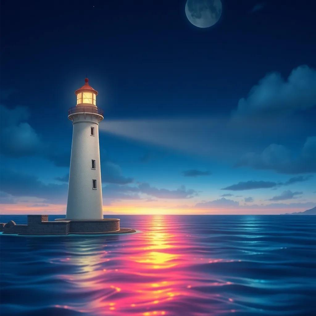 The lighthouses standing proudly at night together, their lights forming a rainbow across the sea, symbolizing friendship and guidance, beautiful digital art, harmonious colors, serene atmosphere, high quality