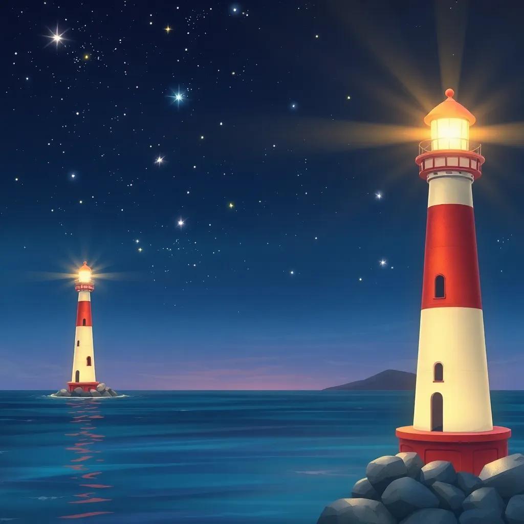 A beautiful starry night with shining lighthouses illuminating a calm sea, filled with hope and warmth, digital painting, clear colors, inviting view, high quality