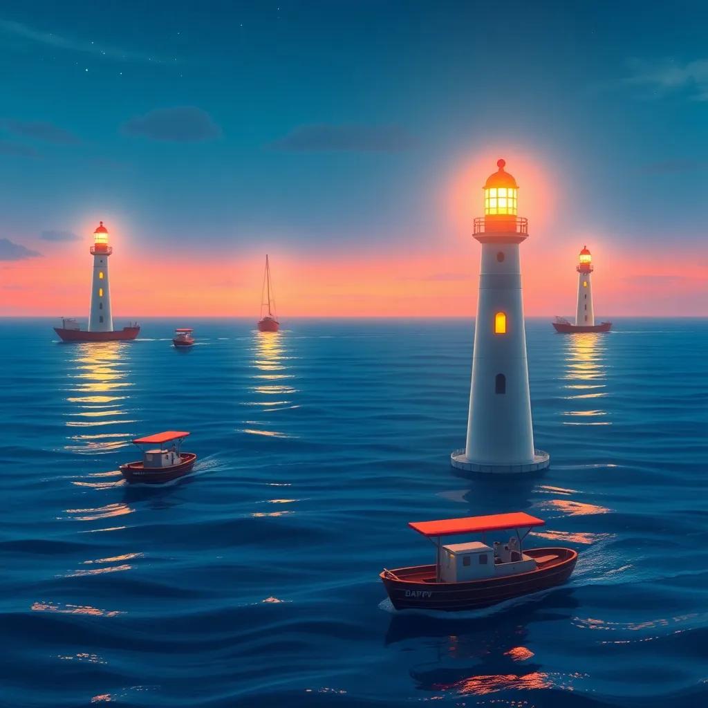 A peaceful ocean under the glow of lighthouses with happy ships sailing home, with each lighthouse standing tall and proud, colorful scene, joyful vibe, high quality