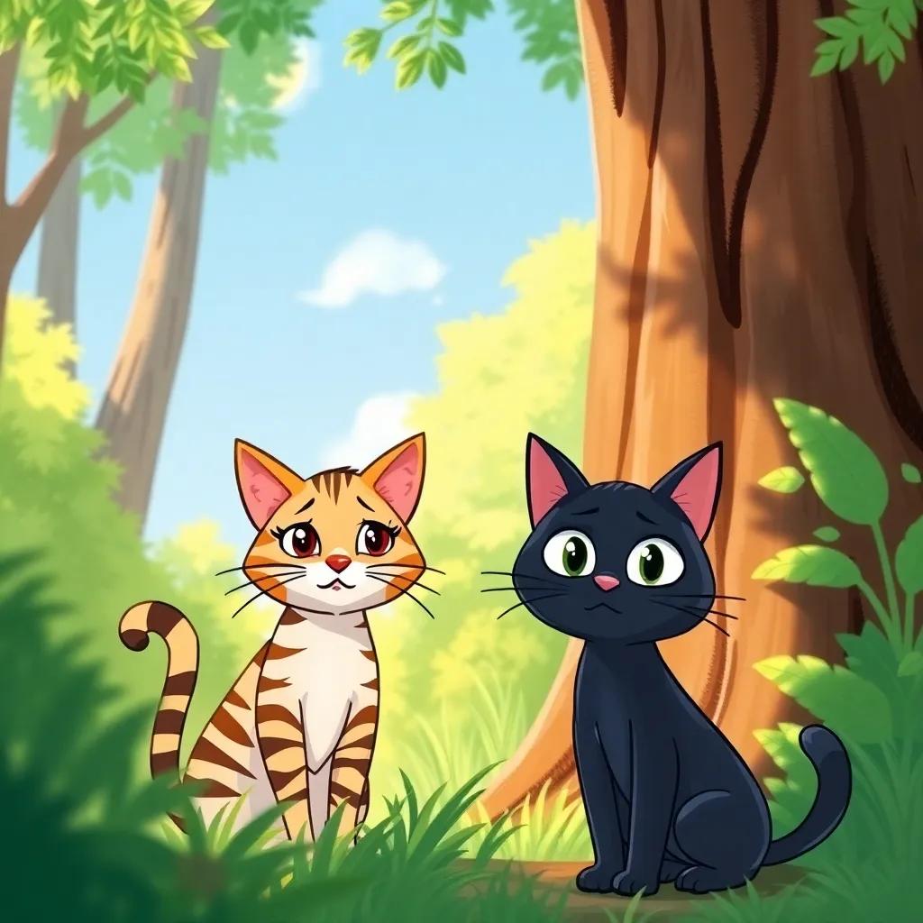 A sunny forest scene with two cats, Mia, a striped cat with a worried expression, and Tomas, a black cat looking thoughtful, standing by a tall tree surrounded by lush greenery, vibrant colors, cheerful atmosphere, close-up