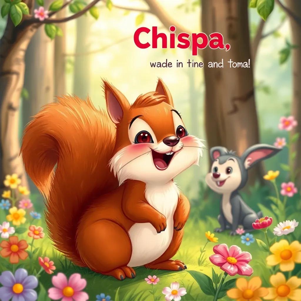 A cheerful squirrel named Chispa with soft brown fur, animatedly talking to Mia and Tomas in the bright forest, colorful flowers around, warm light, storytelling perspective, friendly and inviting