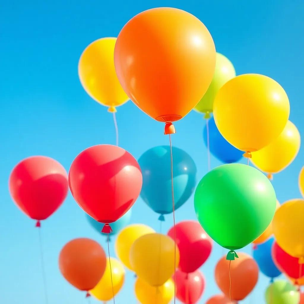 A group of colorful balloons floating in a bright blue sky, each balloon is a different vibrant color (red, yellow, blue, green), cheerful, digital art, bright colors, captivating scene, high quality