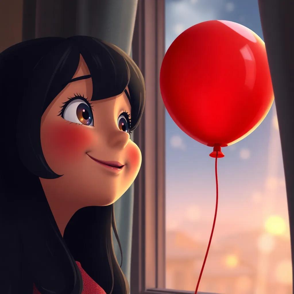 A close-up of the red balloon smiling at a girl, Ana, with dark hair looking out of a window, her eyes shining with joy, digital painting, warm colors, inviting atmosphere, high quality