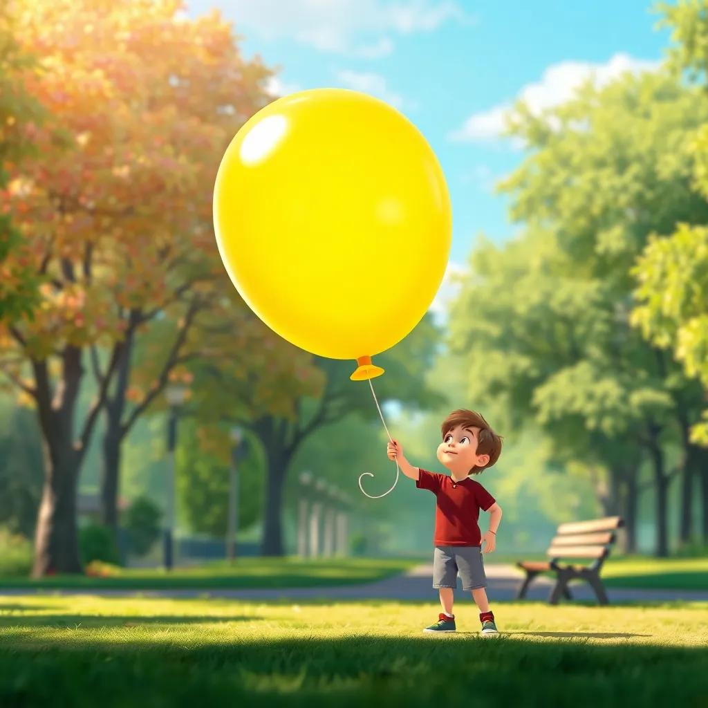 The yellow balloon flying towards a boy named Lucas, who is sitting alone in a park, surprised and delighted, vibrant background, artistic style, bright light, animated atmosphere, high quality