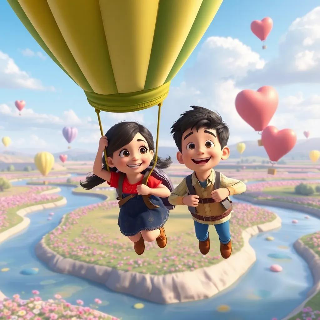 The balloons taking Ana and Lucas on an adventure, flying over candy rivers and flower meadows, with joyful expressions, digital art, colorful, magical scene, whimsical feeling, high quality
