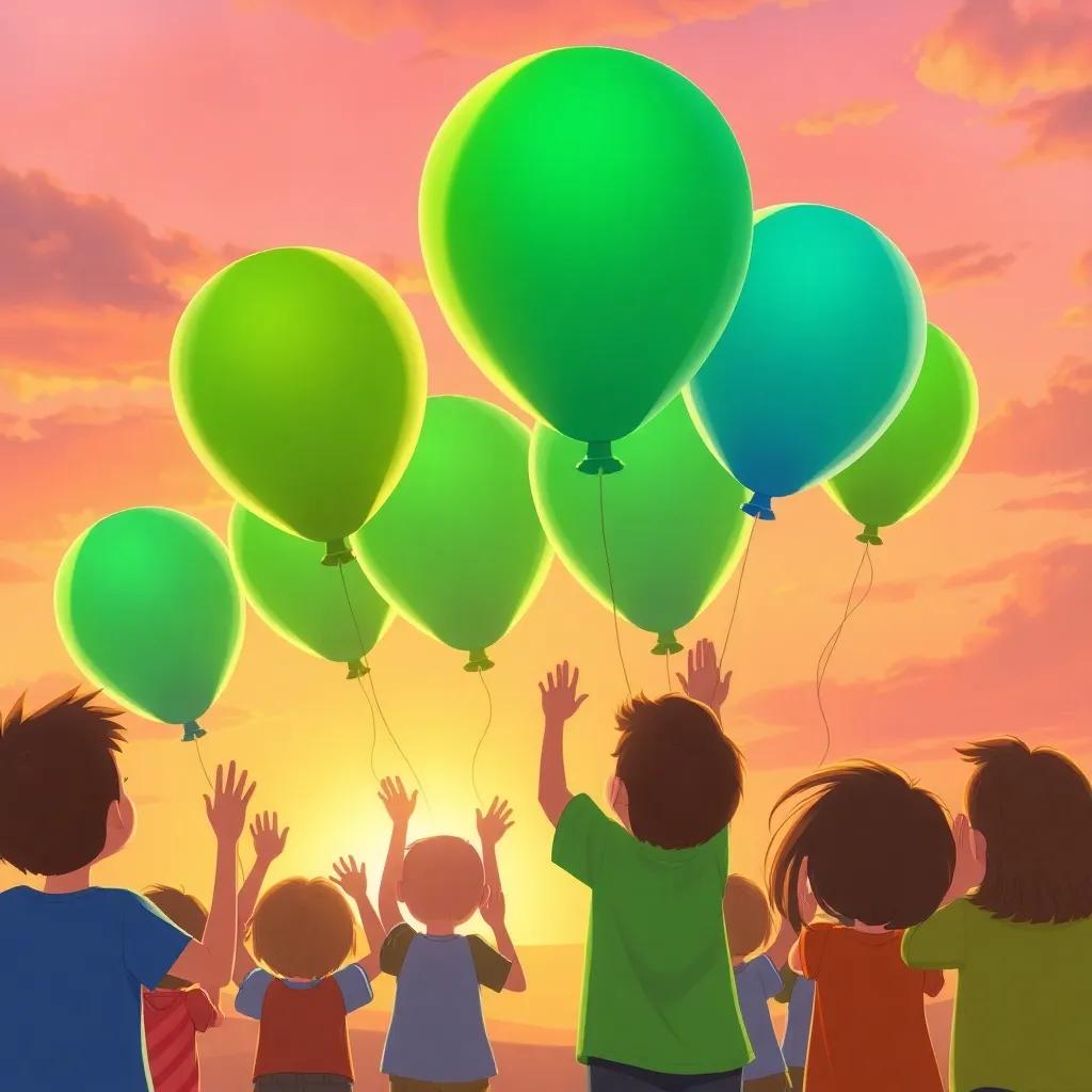The green and blue balloons racing in the sky above the children, who are cheering and watching in excitement, a sunset background, cheerful illustration, warm colors, lively ambiance, high quality