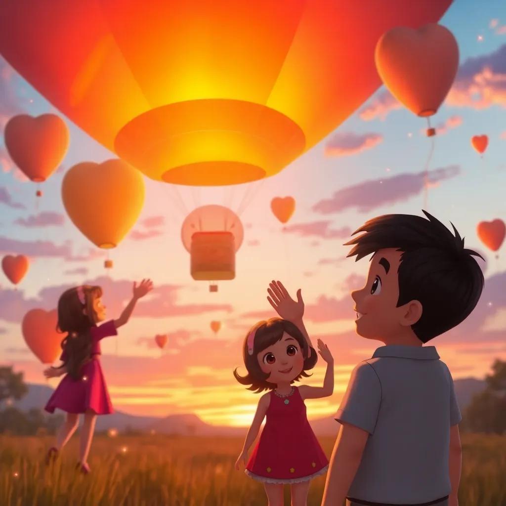 A sunset view of the balloons returning to the sky, waving goodbye to Ana and Lucas who are smiling, sparkles and playful colors, heartwarming scene, soft light, joyful atmosphere, high quality