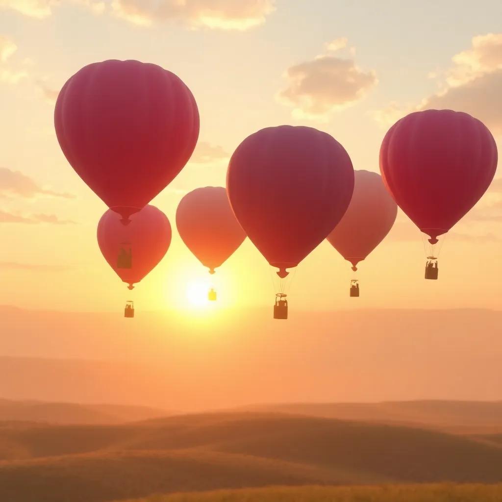 The balloons whispering to the wind, with the sun setting in the background, dreamy atmosphere, soft colors, serene landscape, artistic style, high quality