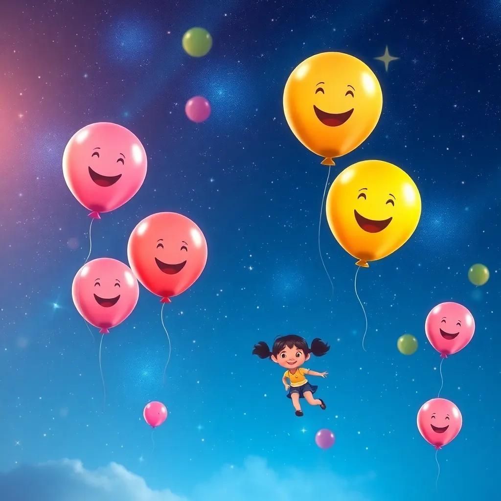 A magical night sky filled with stars, with the colorful balloons floating happily, children’s joyful faces reflecting in the stars, enchanting scenery, vibrant and peaceful, high quality