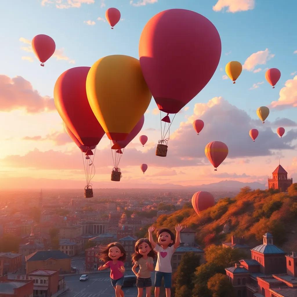 The balloons flying high above a city, with children playing below, laughter and joy in the air, captivating sunset colors, playful scene, animated style, high quality