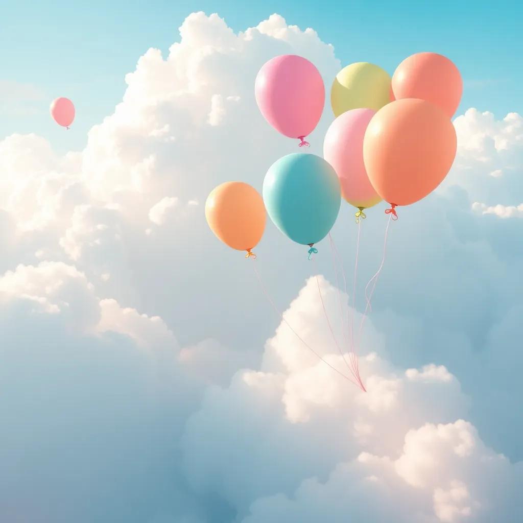 A soft dreamlike cloud scene with the balloons leaving a trail of laughter and smiles as they depart, heartwarming and magical atmosphere, bright and colorful, high quality