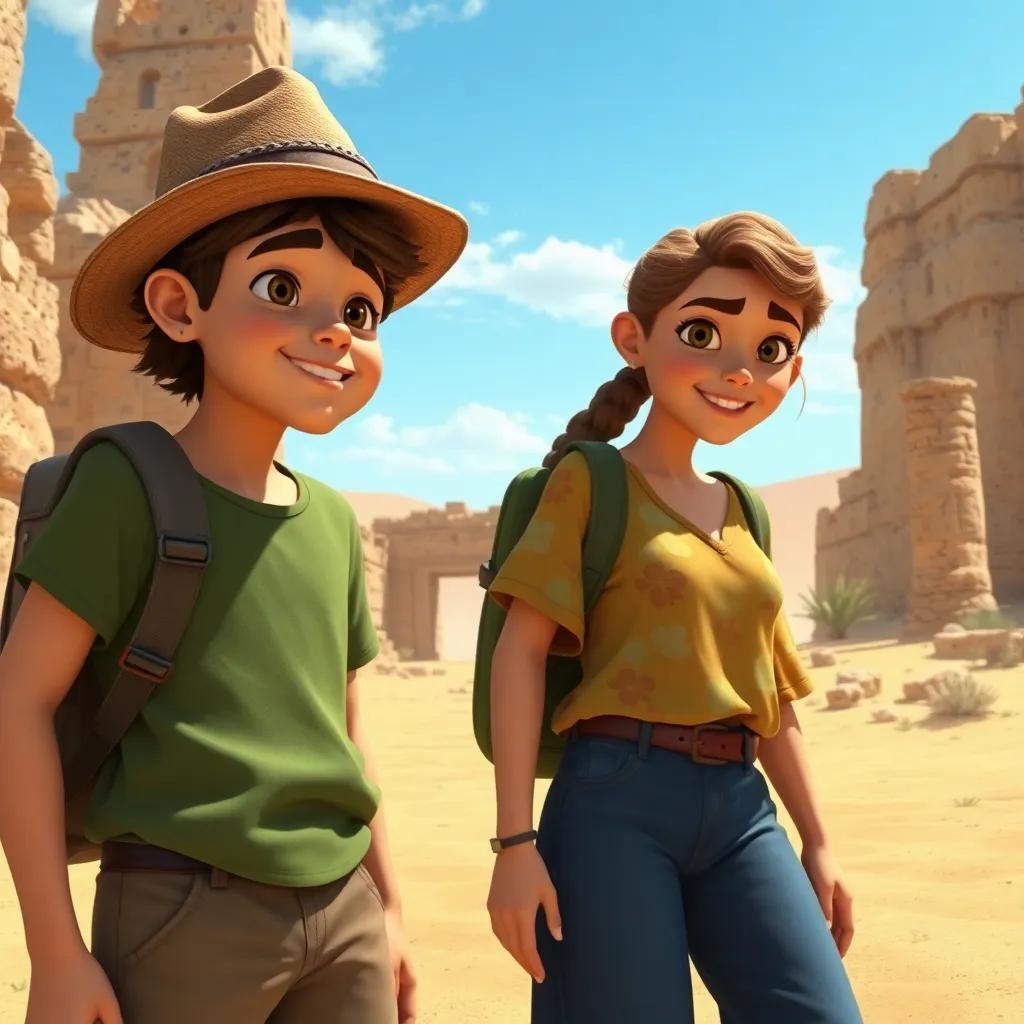 Dos hermanos, Sam y Sofía, de etnia hispánica, con rasgos alegres, Sam lleva una gorra y una camiseta verde, mientras Sofía tiene el cabello rizado y lleva una blusa colorida, explorando unas antiguas ruinas en el desierto con arena dorada y un cielo azul, arte digital, cálido y brillante, perspectiva baja, calidad alta