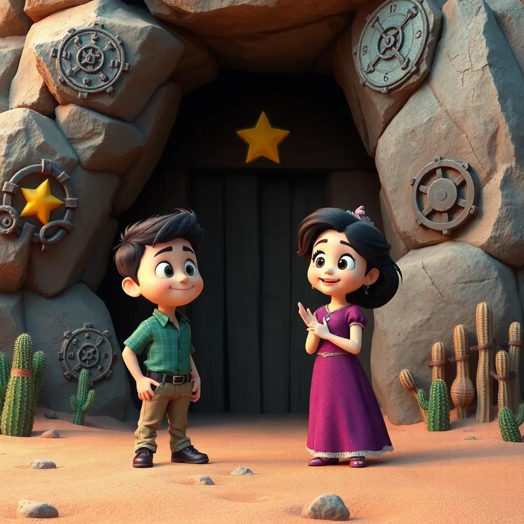 Sam y Sofía, con expresiones de sorpresa, frente a una entrada secreta en la roca, decorada con símbolos antiguos, rodeados de arena y cactus, arte digital, colores cálidos y mágicos, enfoque claro, calidad alta