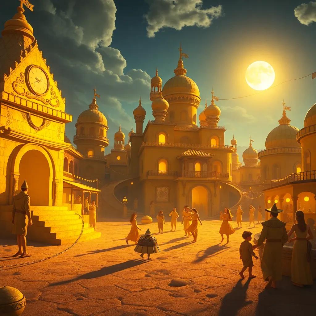 La ciudad oculta, con casas de arena dorada y personas de piel dorada bailando bajo la luz del sol, en un ambiente festivo muy alegre, arte digital, vibrante, muchos detalles, perspectiva amplia, calidad alta