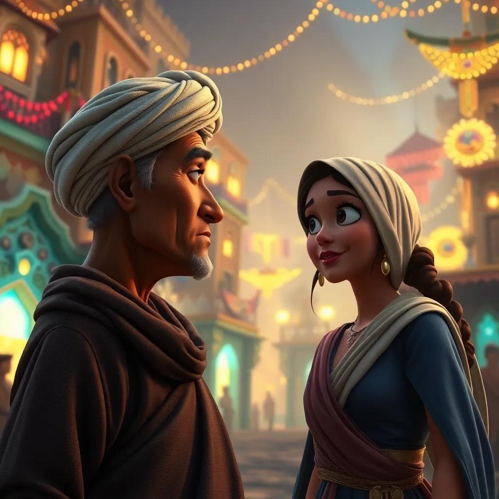 Una figura anciana, con piel marrón y un turbante blanco, hablando seriamente a Sam y Sofía en la ciudad oculta, rodeados de casas de arena, luces brillantes y decoraciones coloridas, arte digital, atmosférico, acogedor, perspectiva cercana, calidad alta