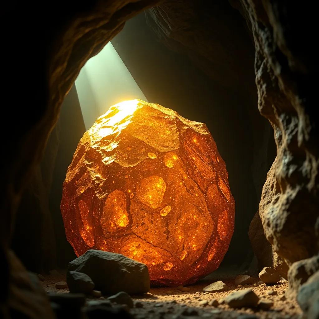 Un cáliz dorado con inscripciones preciosas, brillando en una cueva oscura, iluminado por un rayo de luz que entra, lo que crea un ambiente mágico y especial, arte digital, color dorado destacado, textura detallada, enfoque claro, calidad alta
