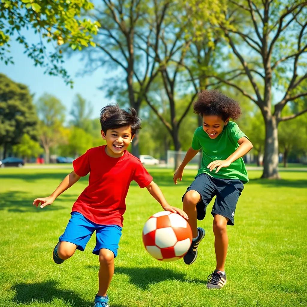 A joyful scene of two young boys playing football in the park, Yeremi, a Hispanic boy with short brown hair wearing a bright red t-shirt and blue shorts, and Aaron, a light-skinned boy with curly hair wearing a green jersey and black shorts laughing and kicking a football, bright sunny day, cheerful and lively atmosphere, digital art, vibrant colors, high quality
