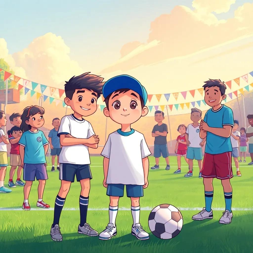 A friendly match organized by a young boy named Diego, a light-skinned boy with short hair wearing a blue cap and white shirt standing between Yeremi and Aaron, cheering them on at a local football field, colorful banners around, friends and family watching, warm afternoon light, lively and exciting mood, illustration, high quality