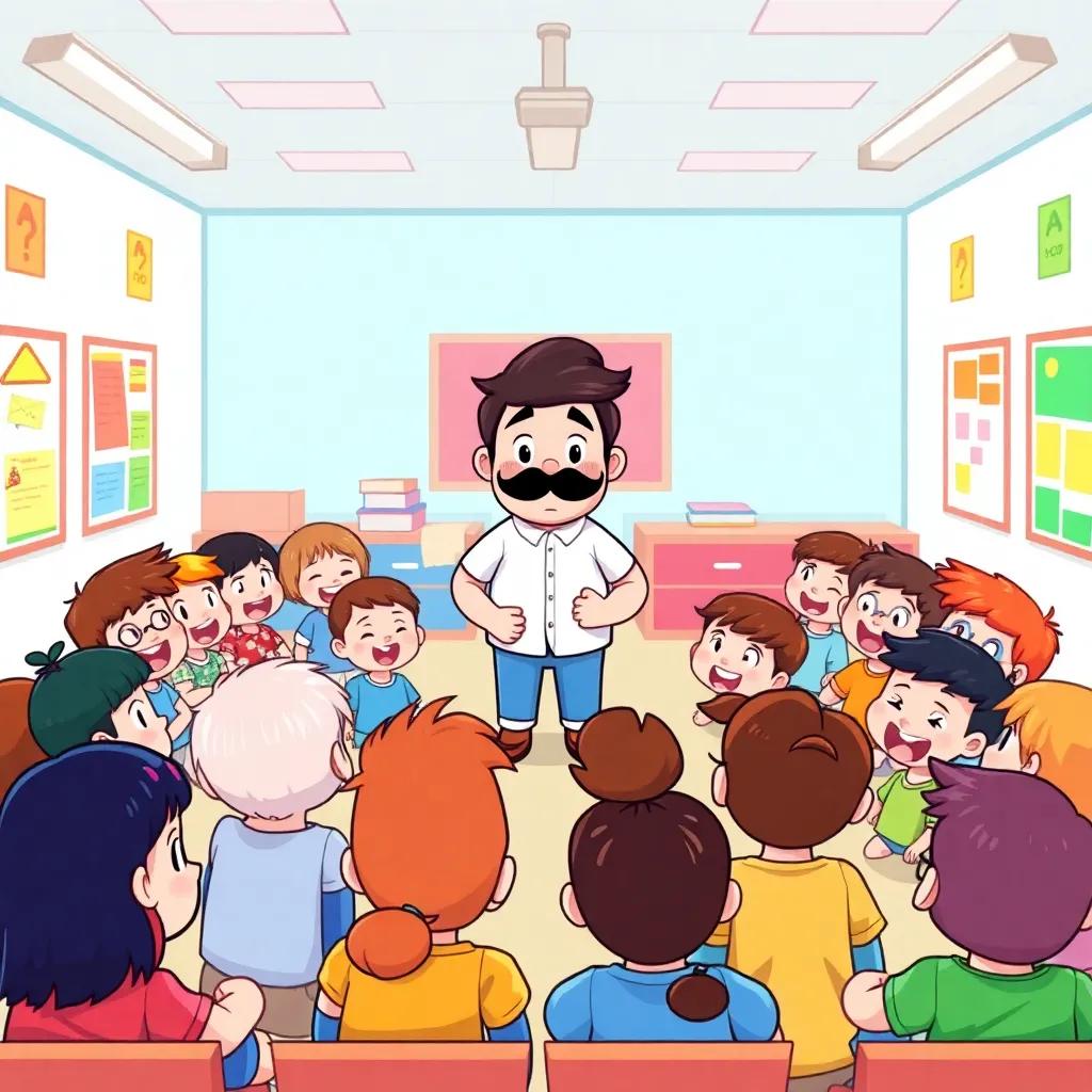 A bright classroom filled with 25 children, sitting in a circle, excited expressions, colorful posters on the walls, a cheerful teacher with a funny mustache, vibrant colors, digital art, child-friendly, high quality
