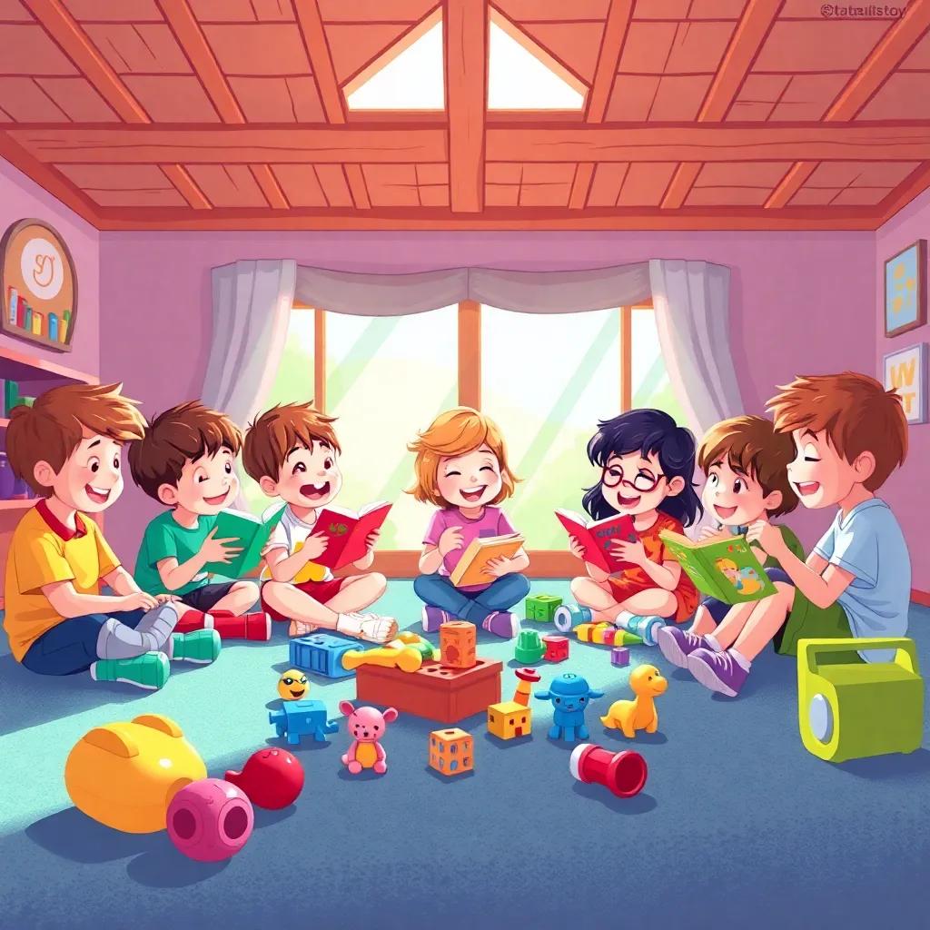 A group of five-year-old children sharing stories about their favorite toys, colorful toys on the floor, bright sunlight streaming in, happy faces, lively atmosphere, illustration, joyful, engaging
