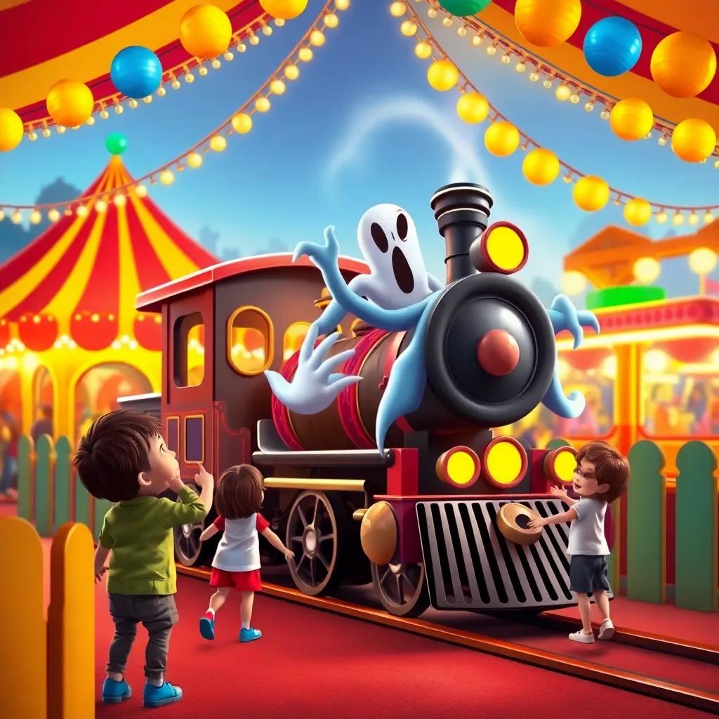 A bright and colorful fairground with a spooky ghost train, children excitedly watching it, digital art, cheerful, vibrant atmosphere, warm colors, high quality