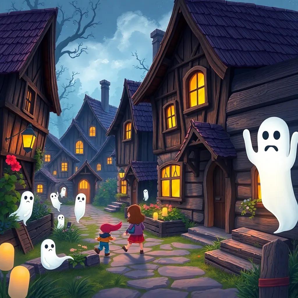 A mysterious village with ancient wooden houses and friendly ghosts, kids exploring with wonder, illustration, magical vibes, a sense of adventure, enchanting scenery