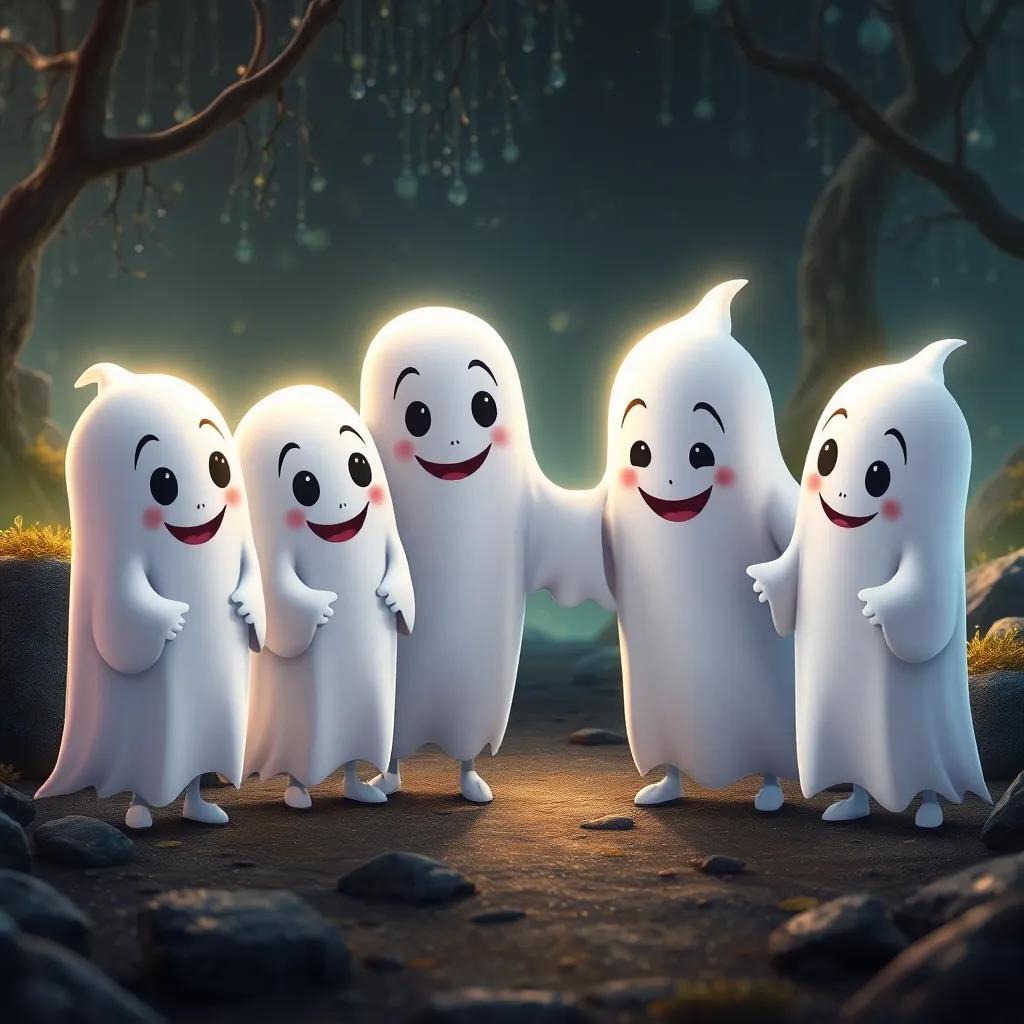 Four kind ghost characters, smiling and chatting with the children, surrounded by a glittering landscape of mysteries, animated style, inviting and friendly, child-safe