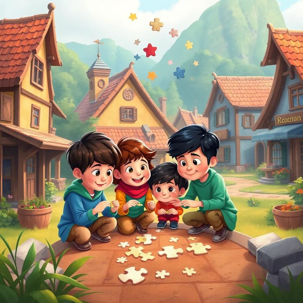 Children working together solving puzzles in the village, colorful and playful setting, hints and symbols floating in the air, illustration, engaging and fun, warming emotions