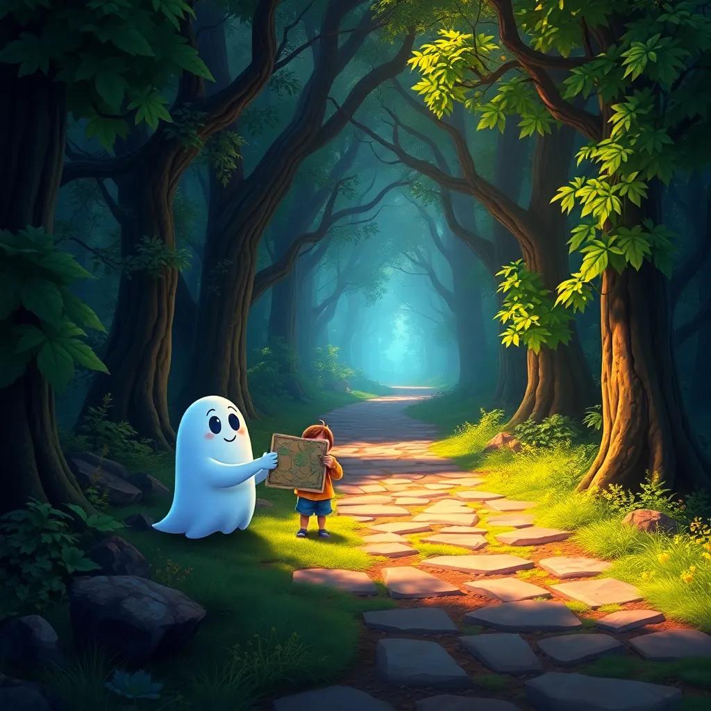 An enchanted forest with a magical path, a child and a friendly ghost holding a map, high-quality digital painting, lush greenery, vibrant colors, adventurous atmosphere