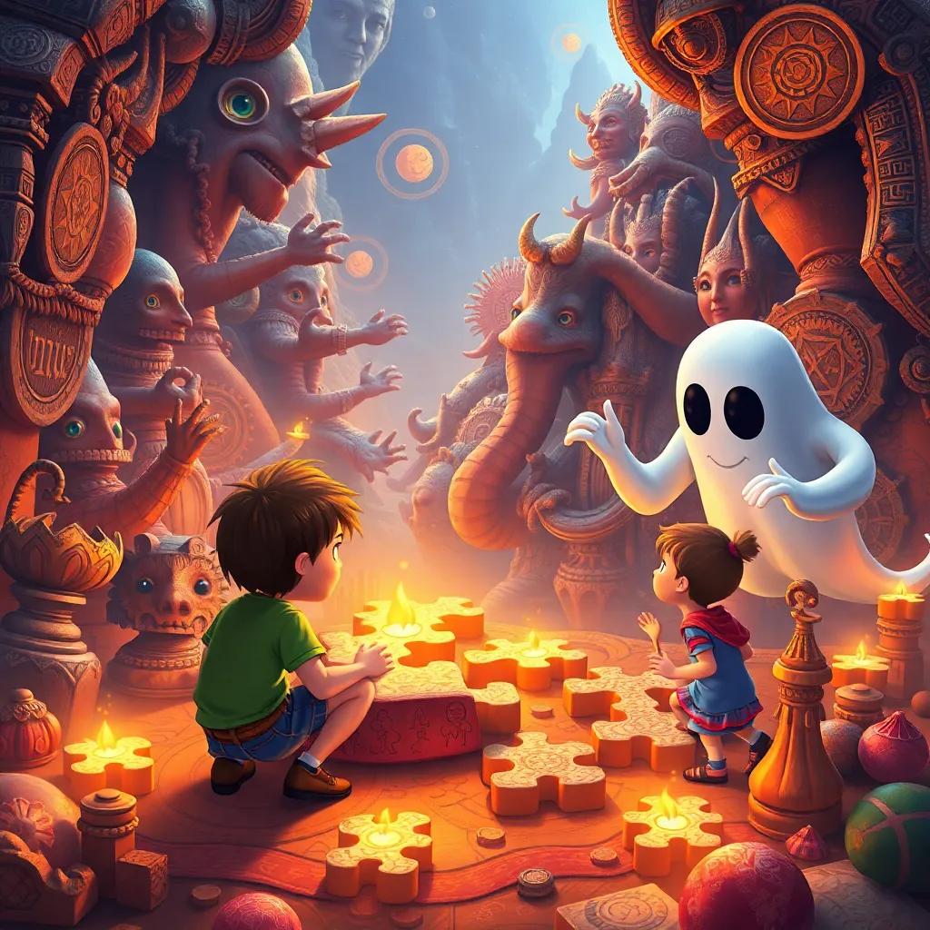 The puzzle scene with ancient symbols and creatures, children and a ghost piecing it together, detailed magical art, full of colors, lively and engaging, warm lighting